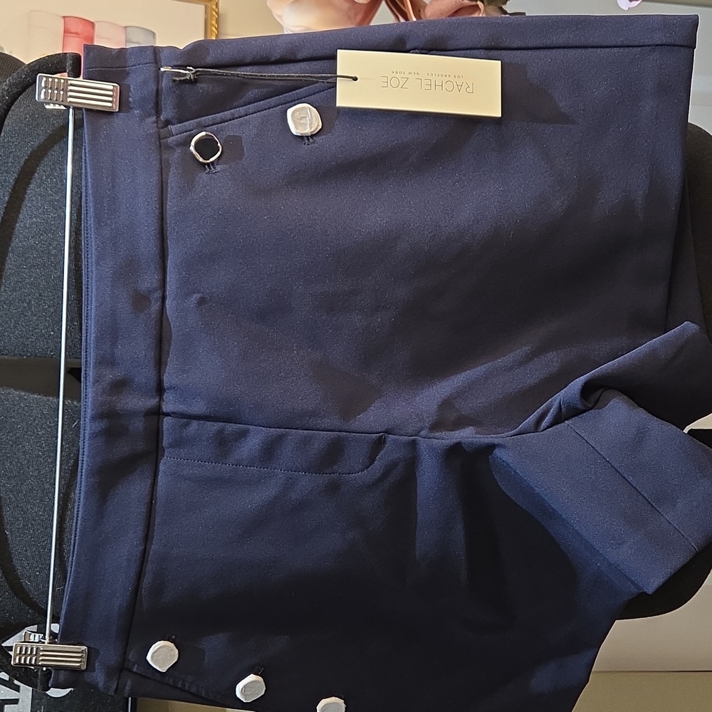 Nwt Rachel ZOEY Shorts Navy Blue Shorts Streachy Gold Buttons Pull In Box2